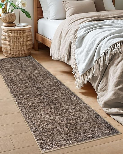 2x6 Washable Runner Rug for Hallways, Rust Reddish Brown Soft Neutral Vintage Kitchen Rugs with Non-Slip, Non-Shedding Distressed Floral Rug for Bedroom Kitchen Porch Laundry Entryway