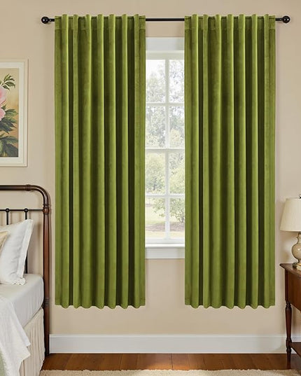 KOUFALL 63 Inch Length Green Velvet Blackout Curtains for Living Room, Rod Pocket Thermal Insulated Room Darkening Blackout Curtains for Bedroom, Wide 52 x 63 Inch Long, 2 Panel Set