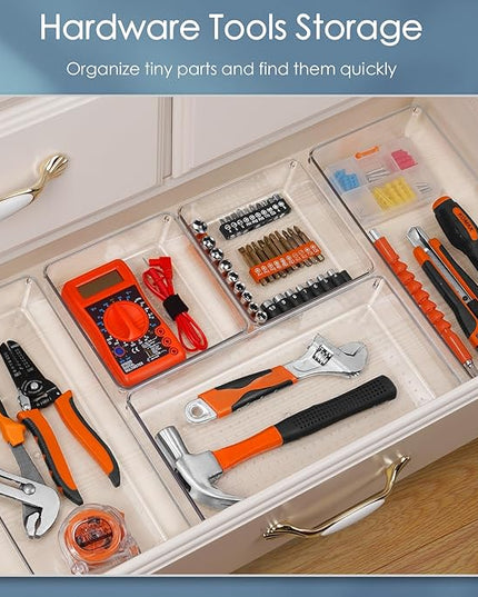 12 Pack Large Clear Plastic Drawer Organizer Set, Acrylic Bathroom Organizer Vanity Trays Dividers, Kitchen Organizers and Storage, Non-Slip Storage Bins for Makeup, Snacks, Office, Desk, Fridge