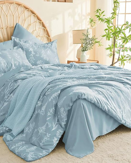MUXHOMO Mineral Blue Twin Comforter Set, Elegant Floral Print Bed in a Bag 5 Pieces, Ultra Soft & Breathable Reversible Botanical Pattern Bedding Set with Comforter, Sheets, Pillowcase, and Sham