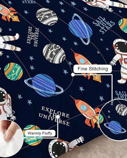 Space Bedding Set Twin Size for Boys Blue Bed Set Soft Kids Cartoon Outer Space Comforter Set for All Seasons Astronaut Rocket Themed Bedding Microfiber Galaxy Room Decor for Boys