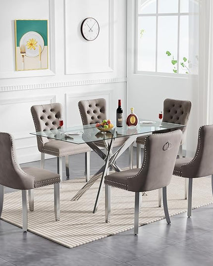 60" Glass Dining Table Set for 6, Modern Dining Room Table Set for 6, Silver X-Shape Pedestal Glass Table with 6pcs Gray Dining Chairs, 7 Piece Dining Set for Dining Living Room