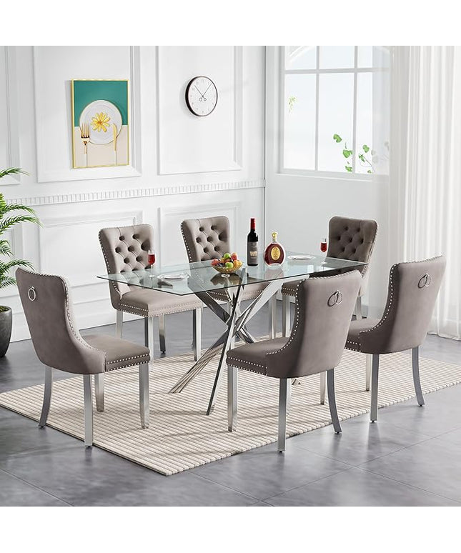 60" Glass Dining Table Set for 6, Modern Dining Room Table Set for 6, Silver X-Shape Pedestal Glass Table with 6pcs Gray Dining Chairs, 7 Piece Dining Set for Dining Living Room