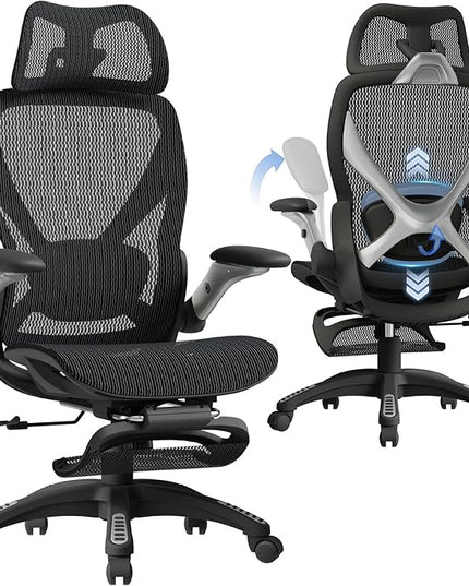 ELABEST X100 Ergonomic Office Chair with Footrest, Big and Tall Home Desk Chair with 5D Flip-Up Arms, Adjustable 3D Lumbar Support,High Back Rolling Computer Chair, Swivel Mesh Chairs (Midnight Mist)