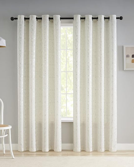 Taisier Home Silver Foil Print Linen Textured Curtains - Geometric Dots Pattern Design for Nursery, Toy Room - Thermal Insulated Window Treatment, 2 Panels, 54" L, Off White and Silver