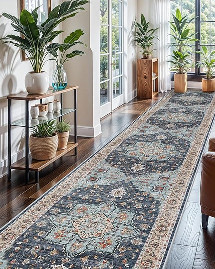 Washable Oriental Hallway Runner Rug - 3x16 Rugs for Living Room Soft Carpet for Bedroom Kitchen Waterproof Floral Distressed Indoor Stain Resistant Non-Shedding Floor Carpets (Blue/Teal/Orange, 3X16)