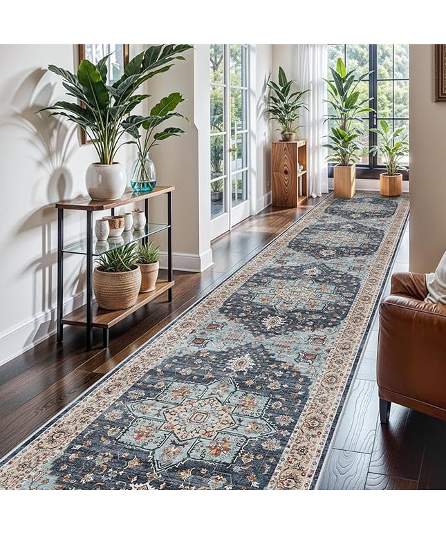 Washable Oriental Hallway Runner Rug - 3x16 Rugs for Living Room Soft Carpet for Bedroom Kitchen Waterproof Floral Distressed Indoor Stain Resistant Non-Shedding Floor Carpets (Blue/Teal/Orange, 3X16)