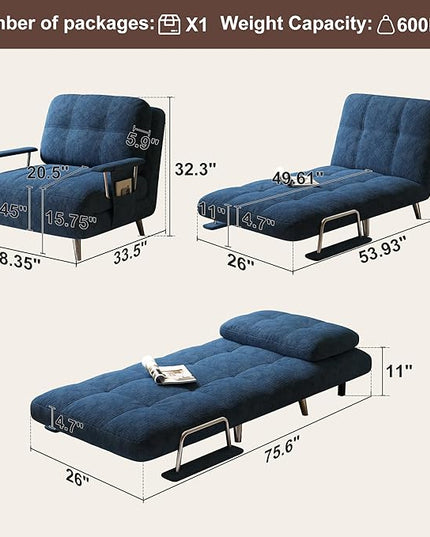 5-in-1 Blue Single Convertible Sofa Bed, Sleeper Sofa Chair with Armrest Storage Pocket, Mid-Century Modern Living Room Chairs Style