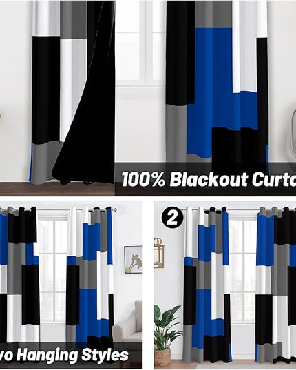 Royal Blue 100% Blackout Curtains for Bedroom 108 inch Extra Long 2 Panels Set Navy Blue Grey Modern Abstract Geometric Black Out Curtains Room Darkening Window Drapes for Living Room, 52Wx108L