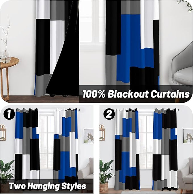 Royal Blue 100% Blackout Curtains for Bedroom 108 inch Extra Long 2 Panels Set Navy Blue Grey Modern Abstract Geometric Black Out Curtains Room Darkening Window Drapes for Living Room, 52Wx108L
