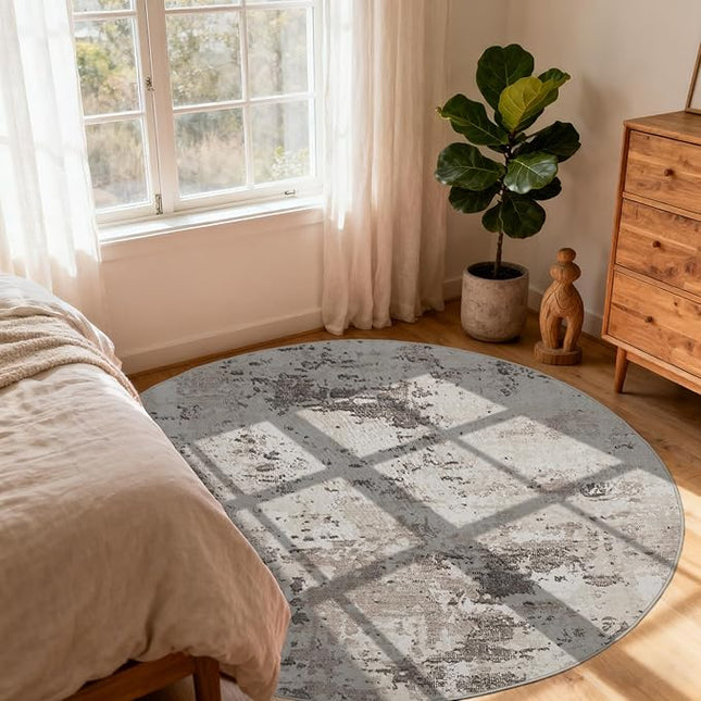 Modern Abstract 8x8 Round Area Rug Non Slip Non Shedding Rug Low Pile Stain Resistant for Bedroom Living Room Office Dining Room,Brown Grey