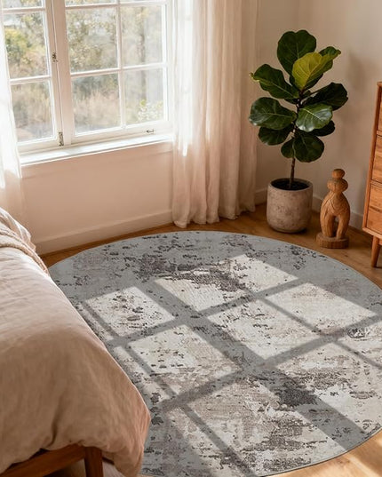 Modern Abstract 6x6 Round Area Rug Non Slip Non Shedding Rug Low Pile Stain Resistant for Bedroom Living Room Office Dining Room,Brown Grey