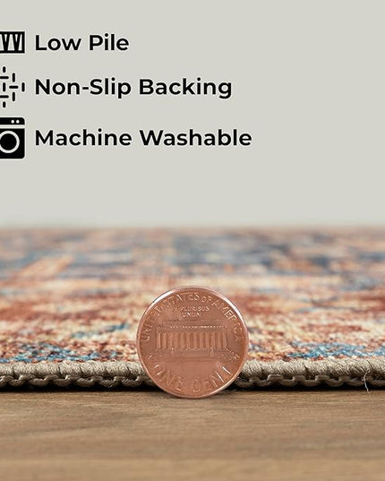 GLN Rugs Traditional Collection - Machine Washable Area Rug, Traditional Washable, Non Slip, Low Pile Chenille Rug, Living Room, Bedroom, Kitchen Rug (5'3" Round Terra/Blue)