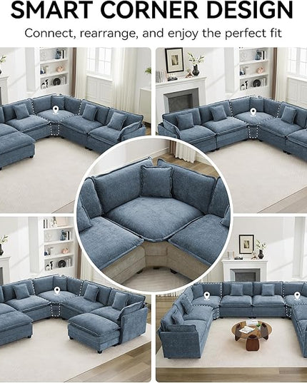 147'' Oversized U Shaped Cloud Sectional Sofa, Chenille Deep Seat Couches for Living Room, Comfy Upholstered Modular Sectional Sofa Couch, Blue