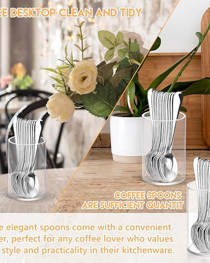 12 Pcs Mini Coffee Spoons with Holder 4.7 inch Demitasse Espresso Stainless Steel Spoon Tea Spoons set of 6 with Acrylic Cylinder Holder Small Coffee Spoon Silver for Cafe Bar Tea Party Home