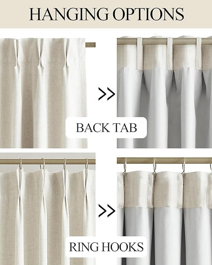 Vision Home Natural Pinch Pleated Full Blackout Curtains Linen Blended Room Darkening Window Curtains 102 inch for Living Room Bedroom Thermal Insulated Pinch Pleat Drapes with Hooks 60" Wx102 Lx1