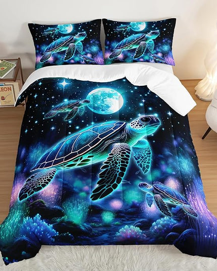 Sea Turtle Comforter Kids Bedding Set Full Size,Glowing Waterweed Moon Flash Print Comforter Set for Kids Teens Boys Girls Room Decor,Nautical Reptile Animal Bedding Set with 2 Pillowcases.