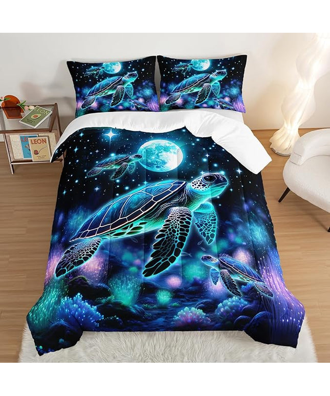 Sea Turtle Comforter Kids Bedding Set Full Size,Glowing Waterweed Moon Flash Print Comforter Set for Kids Teens Boys Girls Room Decor,Nautical Reptile Animal Bedding Set with 2 Pillowcases.