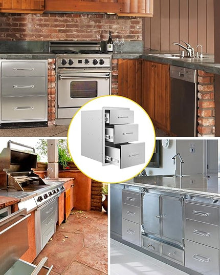 Outdoor Kitchen Drawers 14" W x 21" H x 23" D Flush Mount Triple BBQ Drawers with Chrome Handle Stainless Steel Drawer for Outdoor Kitchen Island, Patio Grill Station