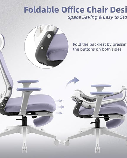 Foldable Office Chair with Foot Rest, Ergonomic Office Chair with Adjustable Lumbar Support, Headrest, Armrest, Home Office Desk Chair for Space Saving, Work from Home, Purple