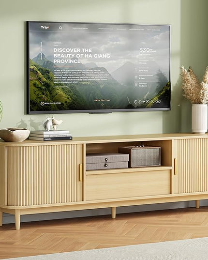 IRONCK Modern Fluted TV Stand for TVs Up to 80 inches, 69" Entertainment Center with Storage Drawer, TV Console with Sliding Doors and Adjustable Shelves, Media Console for Living Room Bedroom, Oak