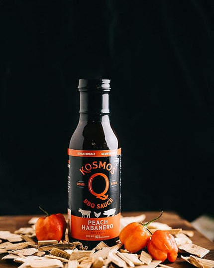 Kosmos Q Peach Habanero BBQ Sauce, Sweet and Spicy Barbecue Sauce for Ribs, Pork, Chicken, or Brisket, Thick Marinade & Finishing Glaze with Real Peach and Habanero Pepper, Gluten Free, 15.5 Oz Bottle