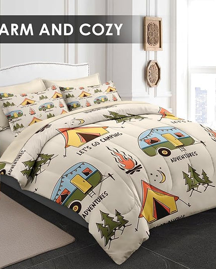 Comforter Set King Size, Summer Camp Camper 7 Pcs Bedding for Kids and Adults, Camping Adventure Bed Sheet Sets with Fitted Sheet 2 Pillowcases & 2 Shams for Bedroom Bed Decor