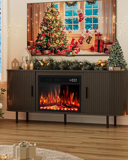 65" Fluted Fireplace TV Stand for TVs Up to 75 inches, Modern Entertainment Center with 23" Electric Fireplace, Wooden Curved TV Console with Sliding Doors for Living Room, Black