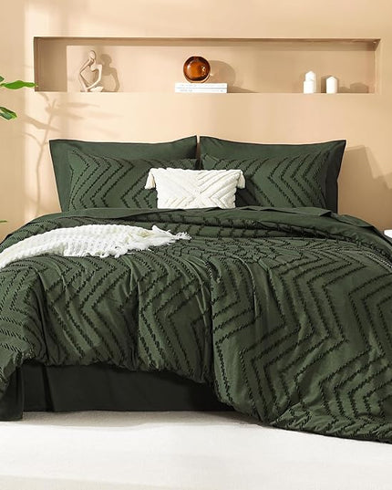 Litanika King Size Comforter Set with Sheets Dark Olive Green - 7 Pieces Bed in a Bag King Chevron Tufted Complete Bedding Sets with Comforter, Sheets, Pillowcases & Shams