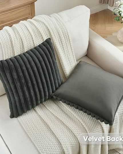 FUTEI Dark Grey Throw Pillow Covers Set of 2, 28x28 Inch Striped Texture Euro Pillow Shams with Soft Faux Rabbit Fur Front & Velvet Back, Modern Decorative Couch Pillows for Living Room