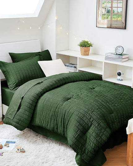 HYMOKEGE Dark Green Twin XLComforter Set Seersucker 5 Pieces, All Season Luxury Bed in a Bag for Bedroom, Bedding Set with Comforter, Sheets, Pillowcase & Sham