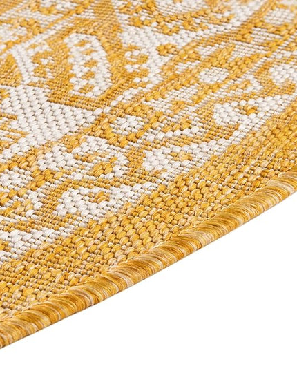 Rugs.com Outdoor Aztec Collection Rug – 3 Ft Round Yellow Flatweave Rug Perfect for Kitchens, Dining Rooms