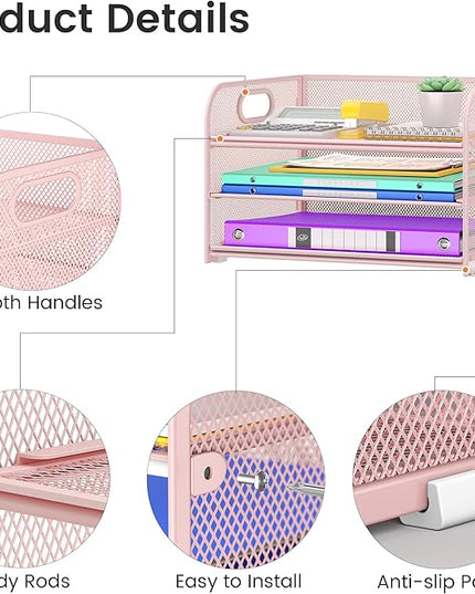 3 Tier Paper Organizer with Handle, Metal Desk Organizer Mesh Paper Letter Tray Desktop File Folder Document Sorter for Classroom, School, Office Accessories Organization and Storage - Pink