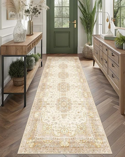 Washable Runner Rug 2'x8',Boho Rug Runners Non Slip,Long Rugs for Hallways Kitchen Bathroom Bedroom Entryway,Vintage Bohemian Distressed Floor Carpet,Beige Gold Floral