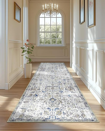 jinchan Kalen Runner Rug 3x10 Washable Hallway Rug Vintage Runner Indoor Floor Cover Thin Retro Distressed Floral Country Non Slip Carpet for Entryway Bathroom Bedroom Living Room Stairway Blue