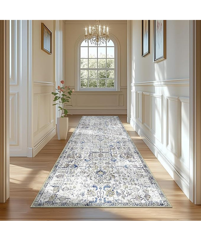 jinchan Kalen Runner Rug 3x7 Washable Hallway Rug Vintage Indoor Thin Retro Floor Cover Distressed Floral Country Lightweight Non Slip Carpet for Entryway Bathroom Bedroom Living Room Stairway Blue