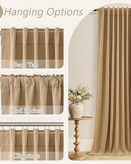 Guken 100% Blackout Linen Curtains 72 Inch Length 2 Panels Set for Living Room Bedroom Back Tab Thermal Insulated Black Out Linen Drapes Room Darkening Window Curtains,Camel Brown