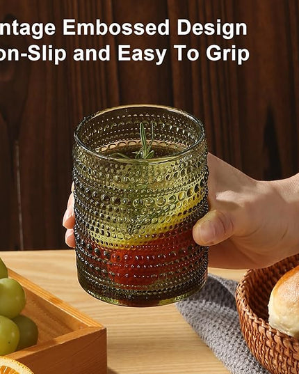 Vintage Glassware Drinking Glasses Set of 12,Green 12oz & 15oz Hobnail Glass Cups,Embossed Water Tumbler,for Beer,Cocktail,Whiskey,Juice and Various Mixed Drinks- 1 Cleaning Brush