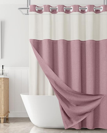 Blush Pink No Hooks Linen Shower Curtain with Snap in Liner Set Rustic Farmhouse Shower Curtains for Bathroom Cream Burlap Cloth Double Bath Curtains with See Through Top Window 72x75