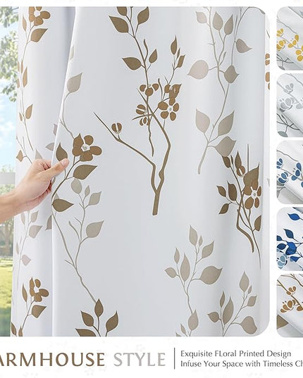 Beauoop Floral 100% Blackout Curtains 108 Inches Long 2 Panels for Bedroom Living Room Tan Brown and White Flower Patterned Room Darkening Thermal Soundproof Grommet Window Treatments Drapes, 52X108