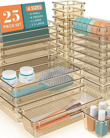 WOWBOX 25 PCS Plastic Drawer Organizer Set, 4 Sizes Desk Drawer Divider Organizers and Storage Bins for Makeup, Jewelry, Gadgets for Kitchen, Bedroom, Bathroom, Office, Clear Champagne