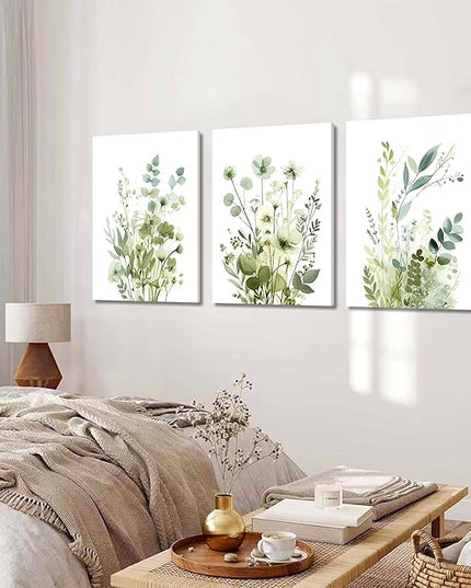 Boho Floral Canvas Wall Art Set of 3, Sage Green Wildflower Botanical Wall Decor Painting, Minimalist Watercolor Flowers Posters Prints for Bedroom Bathroom Living Room 12x16 In Framed