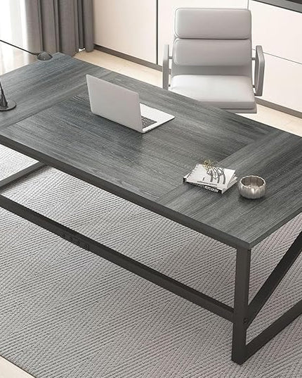 HSH Extra Long Computer Desk, Industrial Metal Wood Home Office Desk, Large PC Laptop Table for 2 Person Executive Writing Work Study Gaming, Bedroom Living Room Dual Monitor Desk, Dark Gray, 70 Inch