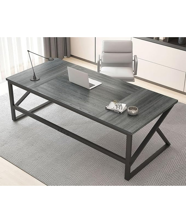 HSH Extra Long Computer Desk, Industrial Metal Wood Home Office Desk, Large PC Laptop Table for 2 Person Executive Writing Work Study Gaming, Bedroom Living Room Dual Monitor Desk, Dark Gray, 70 Inch