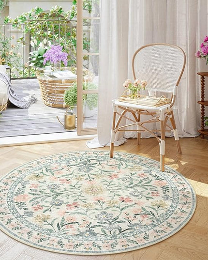 Wonnitar Floral Round Rugs 6ft, Boho Large Machine Washable Circle Rug, Low Pile Soft Flower Botanical Print Beige Round Carpet for Living Room Bedroom Dorm Sunroom