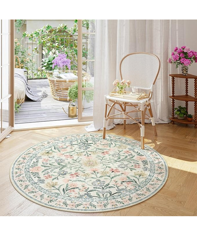 Wonnitar Floral Round Rugs 6ft, Boho Large Machine Washable Circle Rug, Low Pile Soft Flower Botanical Print Beige Round Carpet for Living Room Bedroom Dorm Sunroom