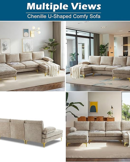 VINGLI 110" Large U-Shape Sectional Sofa Couch with 51" D Double Chaise for Living Room, Modern Sectional Couch Set with Soft 5.9" Thickness Seating Padding, Chenille Fabric,Metal Gold Legs(Khaki)