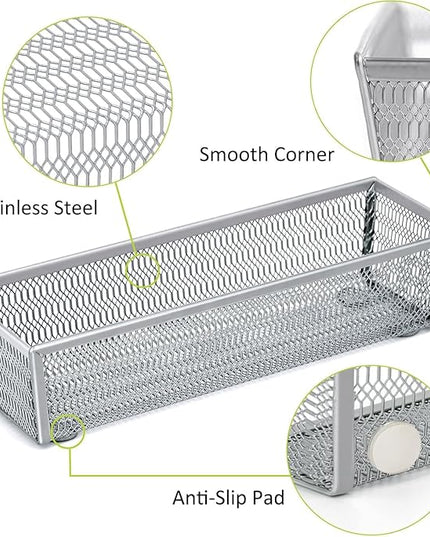 Neudeco Drawer Organizer Set 5 Pack - 4-Compartment Silverware Organizer Tray + 4 Utensil Trays, Kitchen Drawer Organizer for Flatware, Cutlery, Office Supplies, Silver Mesh, Non-Slip,Silver