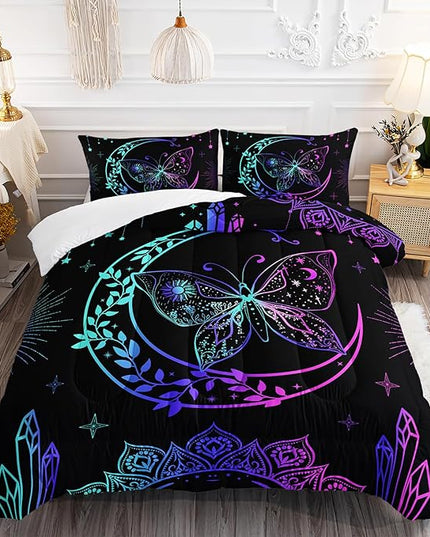 AILONEN Moon Comforter Set Queen Size, Bohemian Butterfly Bedding Set,Sun and Moon Butterfly Comforter,Boys Girls Gradient Celestial Duvet Set 3 Pieces, 1 Quilt and 2 Pillowcases