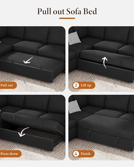 Vesgantti 88.4" Sectional Sleeper Sofa with Pull Out Bed, 5 Seater L Shaped Modular Sectional Couch with Storage, Comfy Corduroy Modular Couch for Living Room, Bedroom, Apartment, Black